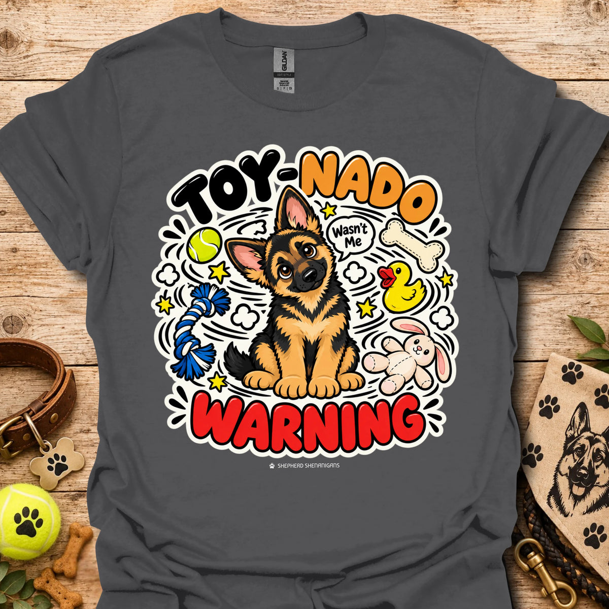 Charcoal T-shirt with cartoon German shepherd and 'Toy-Nado Warning' graphic