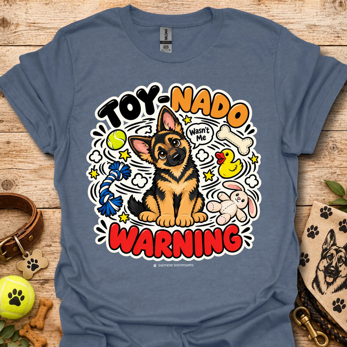 Blue T-shirt with cartoon German shepherd and 'Toy-Nado Warning' graphic