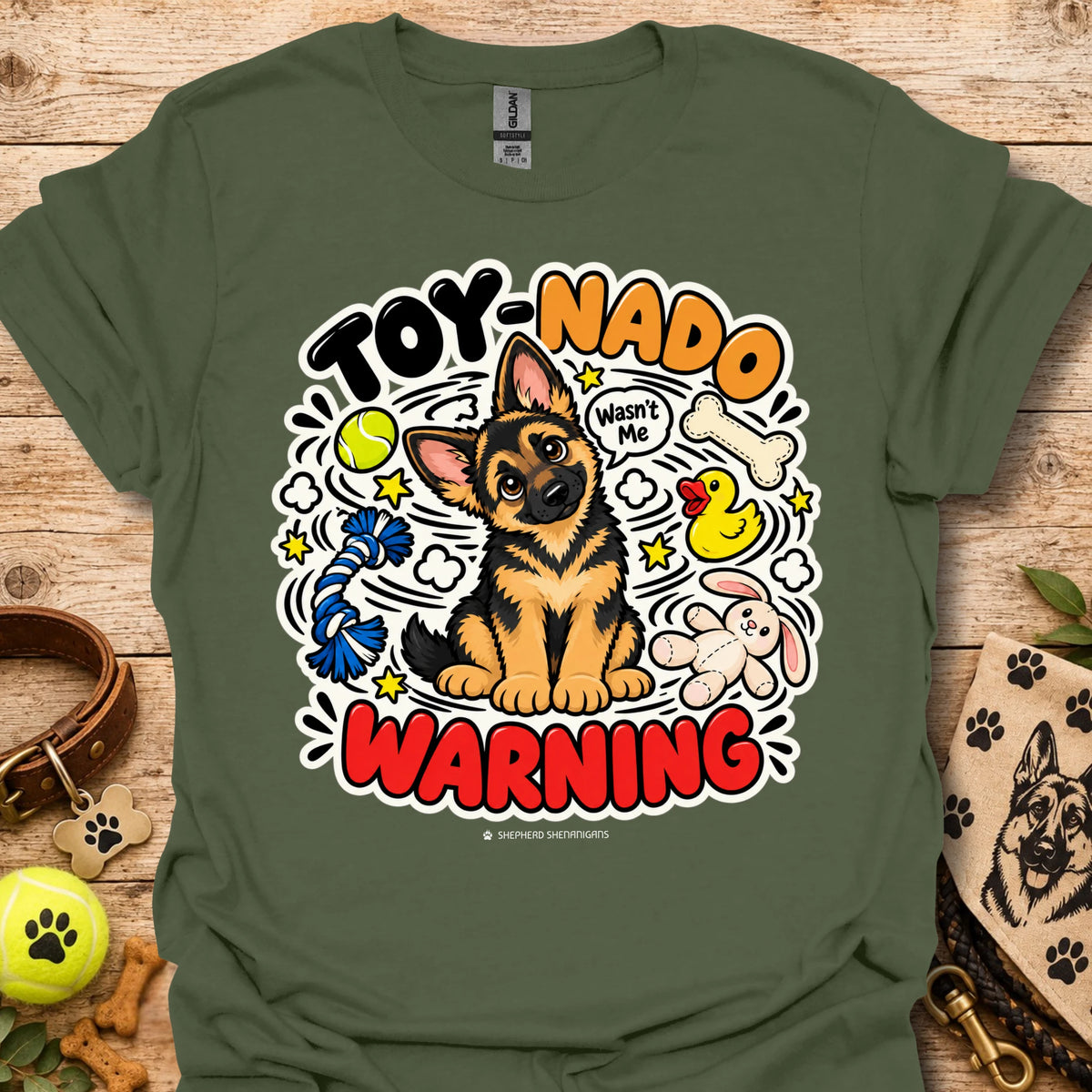 Military green T-shirt with cartoon German shepherd and 'Toy-Nado Warning' graphic