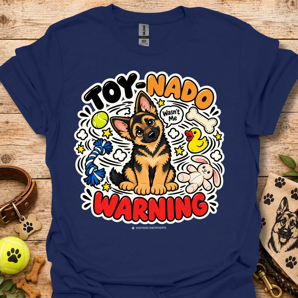 Navy T-shirt with cartoon German shepherd and 'Toy-Nado Warning' graphic