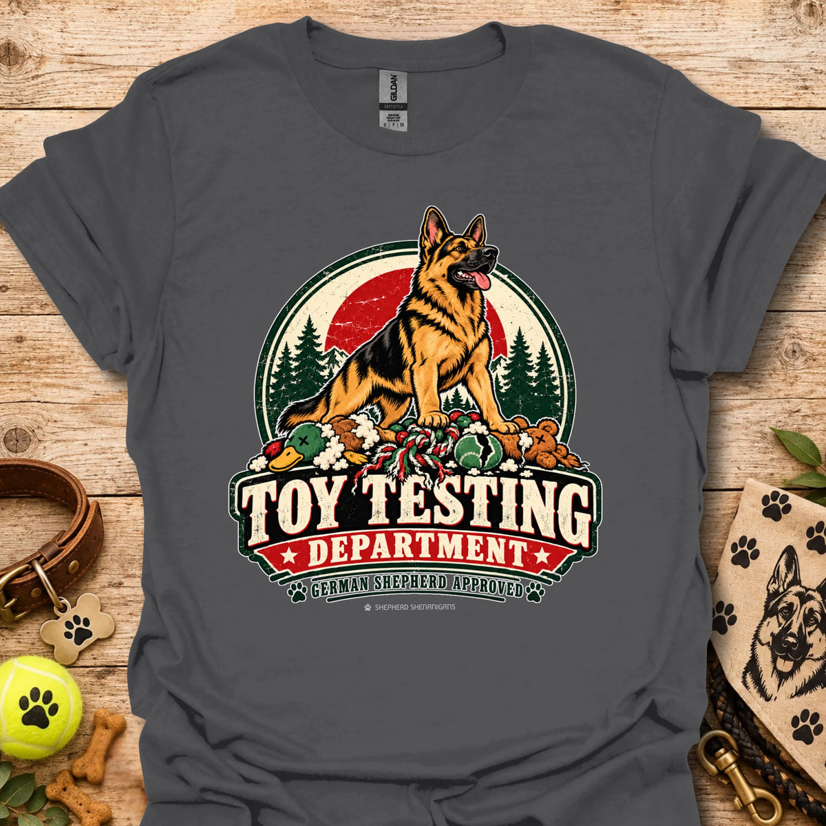 Charcoal grey T-shirt with “Toy Testing Department” German shepherd graphic on chest