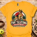 Gold/yellow T-shirt with “Toy Testing Department” German shepherd graphic on chest