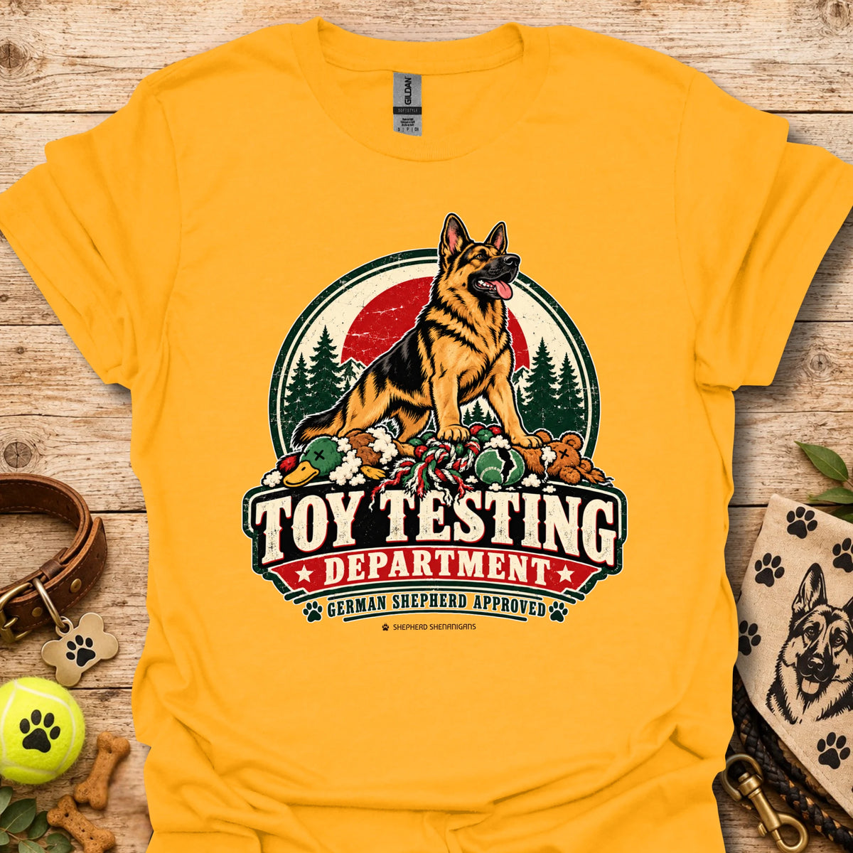 Gold/yellow T-shirt with “Toy Testing Department” German shepherd graphic on chest