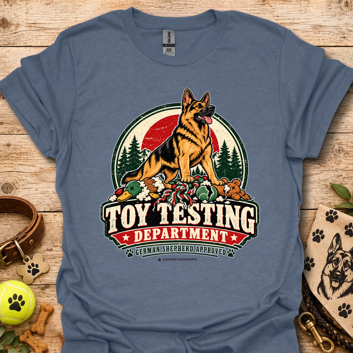 Heather blue T-shirt with “Toy Testing Department” German shepherd graphic on chest