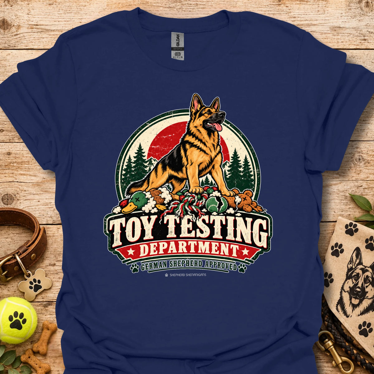 Navy T-shirt with “Toy Testing Department” German shepherd graphic on chest