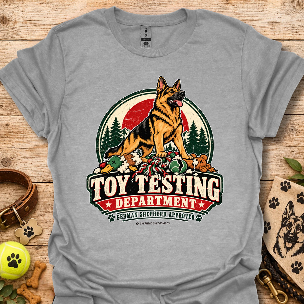 Sport grey T-shirt with “Toy Testing Department” German shepherd graphic on chest