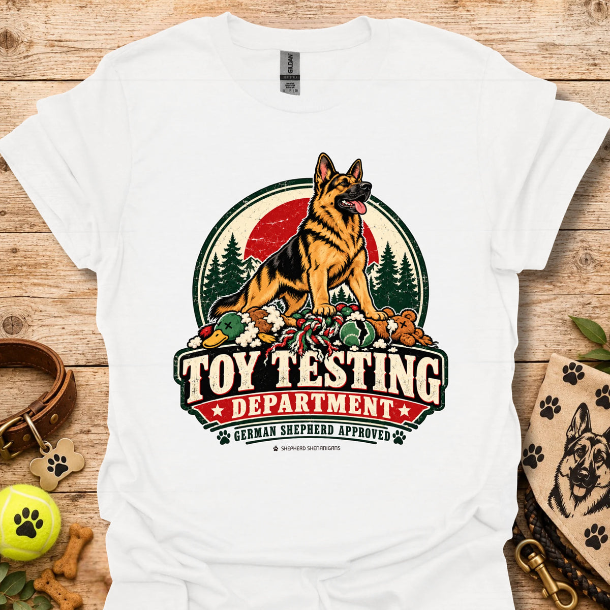 White T-shirt with “Toy Testing Department” German shepherd graphic on chest