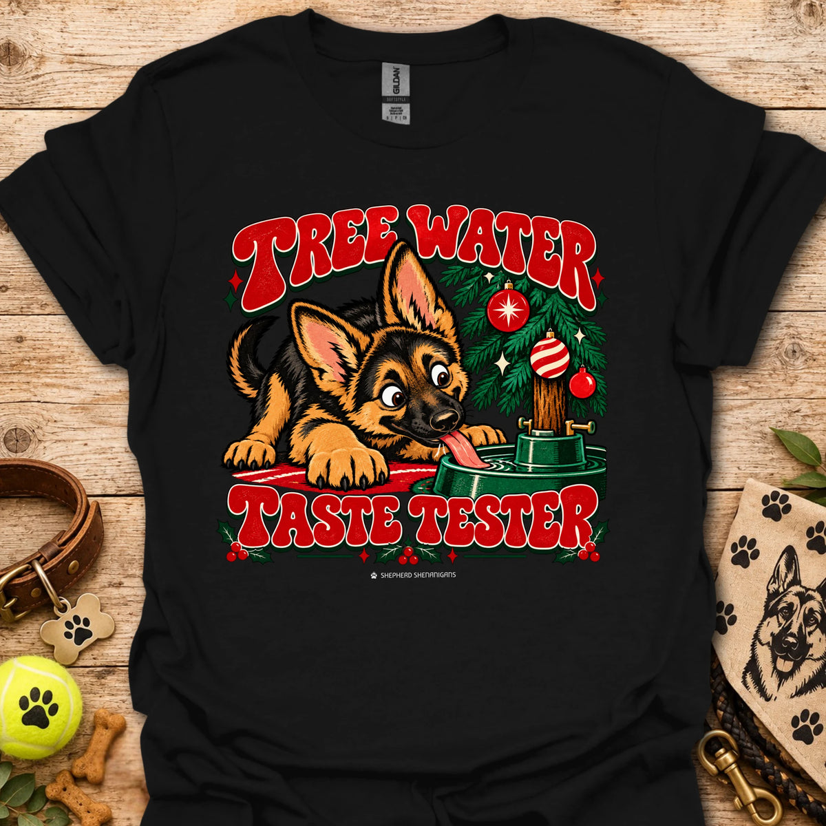 Black crew-neck t-shirt with "Tree Water Taste Tester" dog and tree graphic