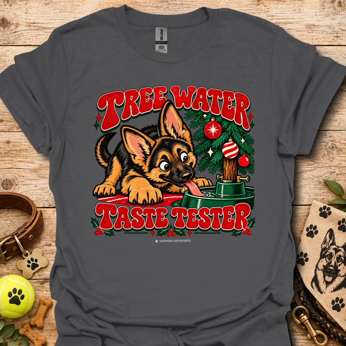Charcoal crew-neck t-shirt with "Tree Water Taste Tester" dog and tree graphic