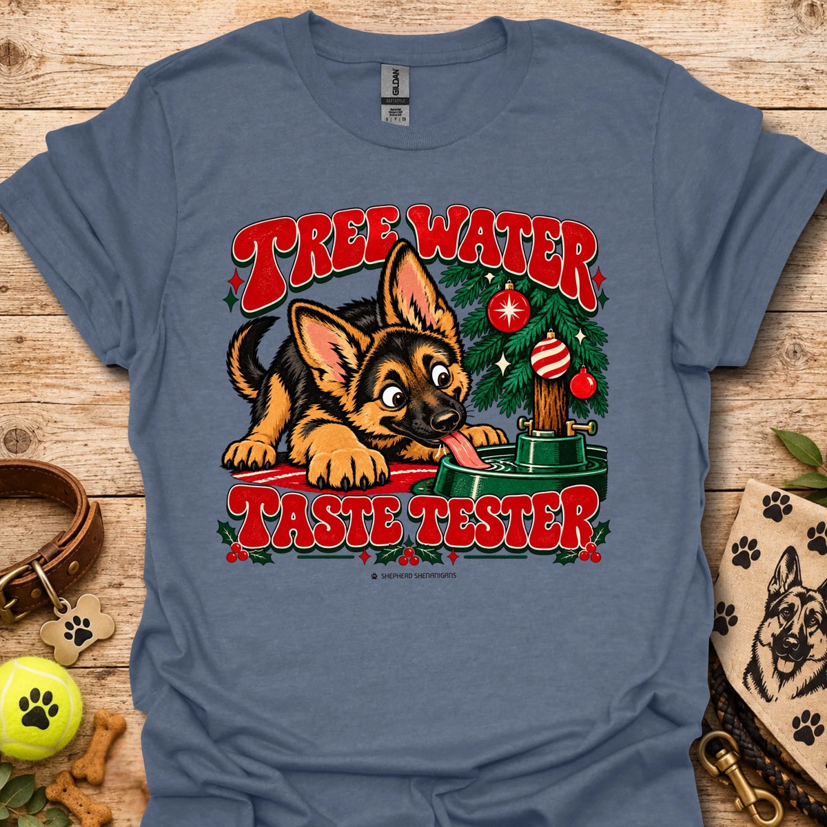 Heather indigo crew-neck t-shirt with "Tree Water Taste Tester" dog and tree graphic
