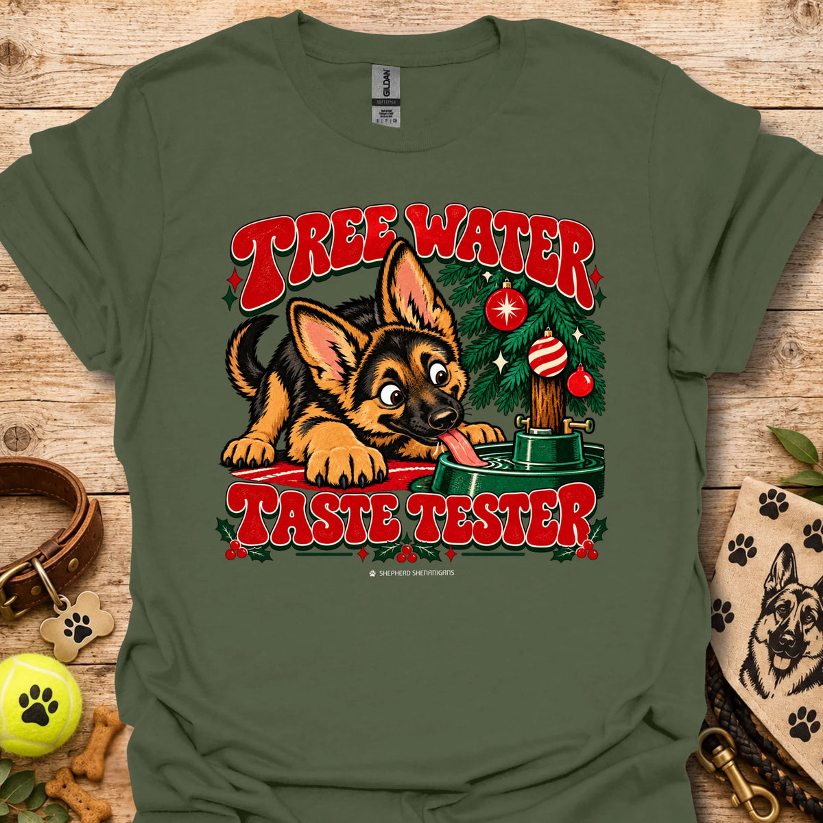 Military green crew-neck t-shirt with "Tree Water Taste Tester" dog and tree graphic