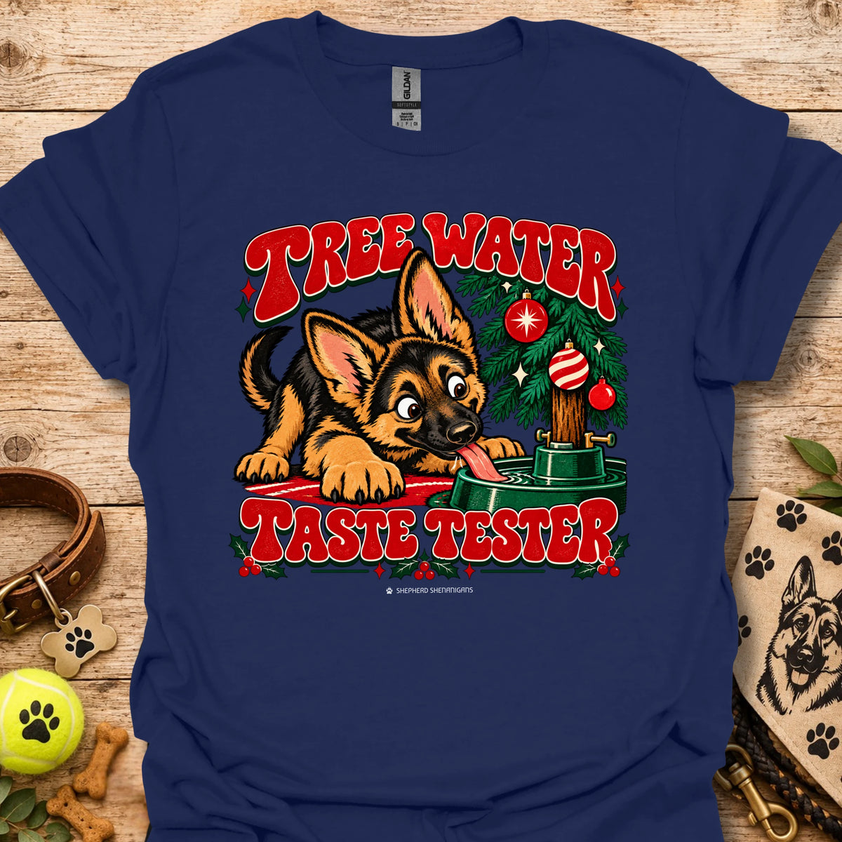 Navy crew-neck t-shirt with "Tree Water Taste Tester" dog and tree graphic