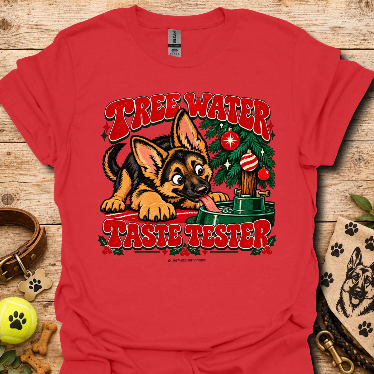 Red crew-neck t-shirt with "Tree Water Taste Tester" dog and tree graphic