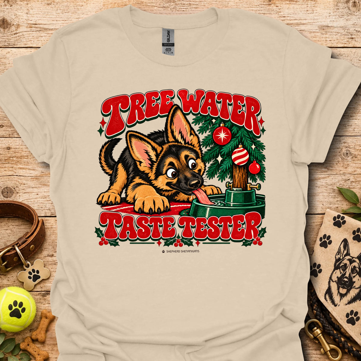 Sand crew-neck t-shirt with "Tree Water Taste Tester" dog and tree graphic