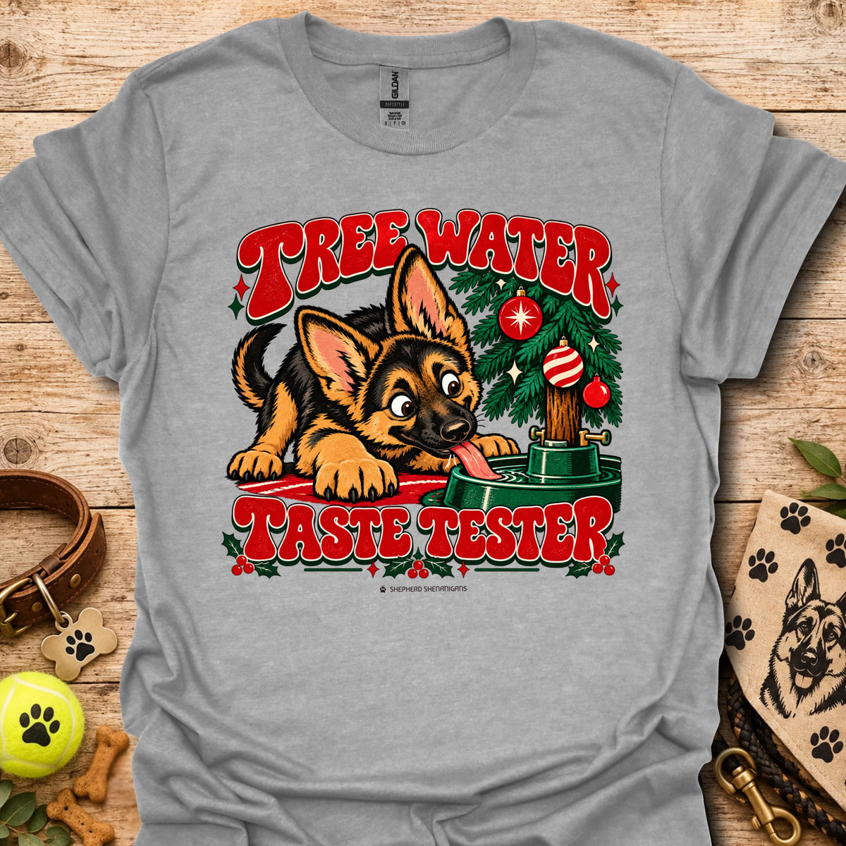 Light gray crew-neck t-shirt with "Tree Water Taste Tester" dog and tree graphic
