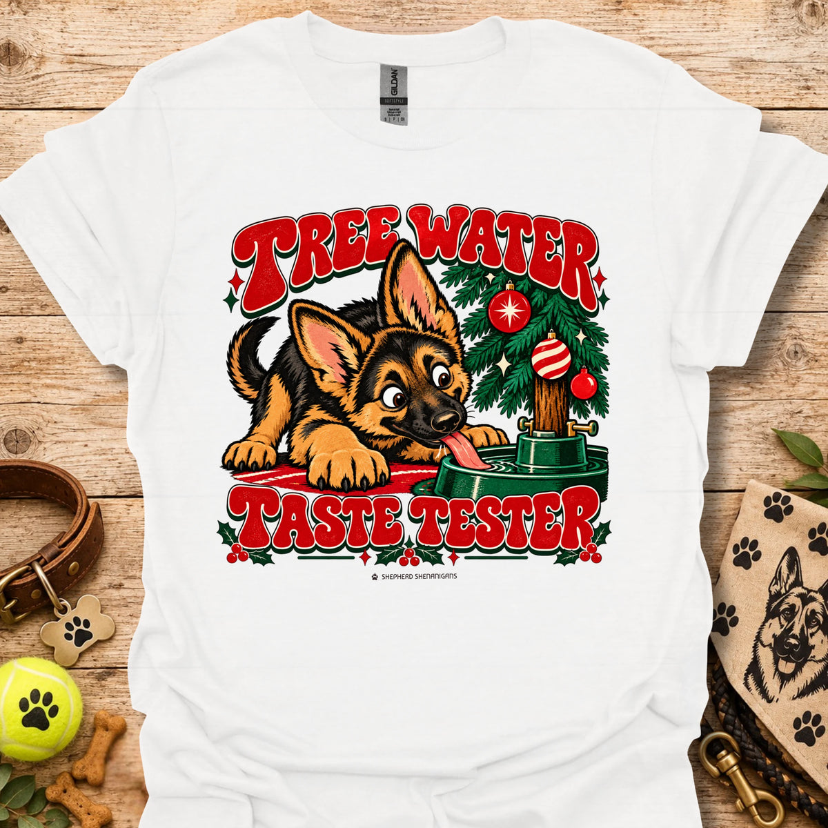 White crew-neck t-shirt with "Tree Water Taste Tester" dog and tree graphic