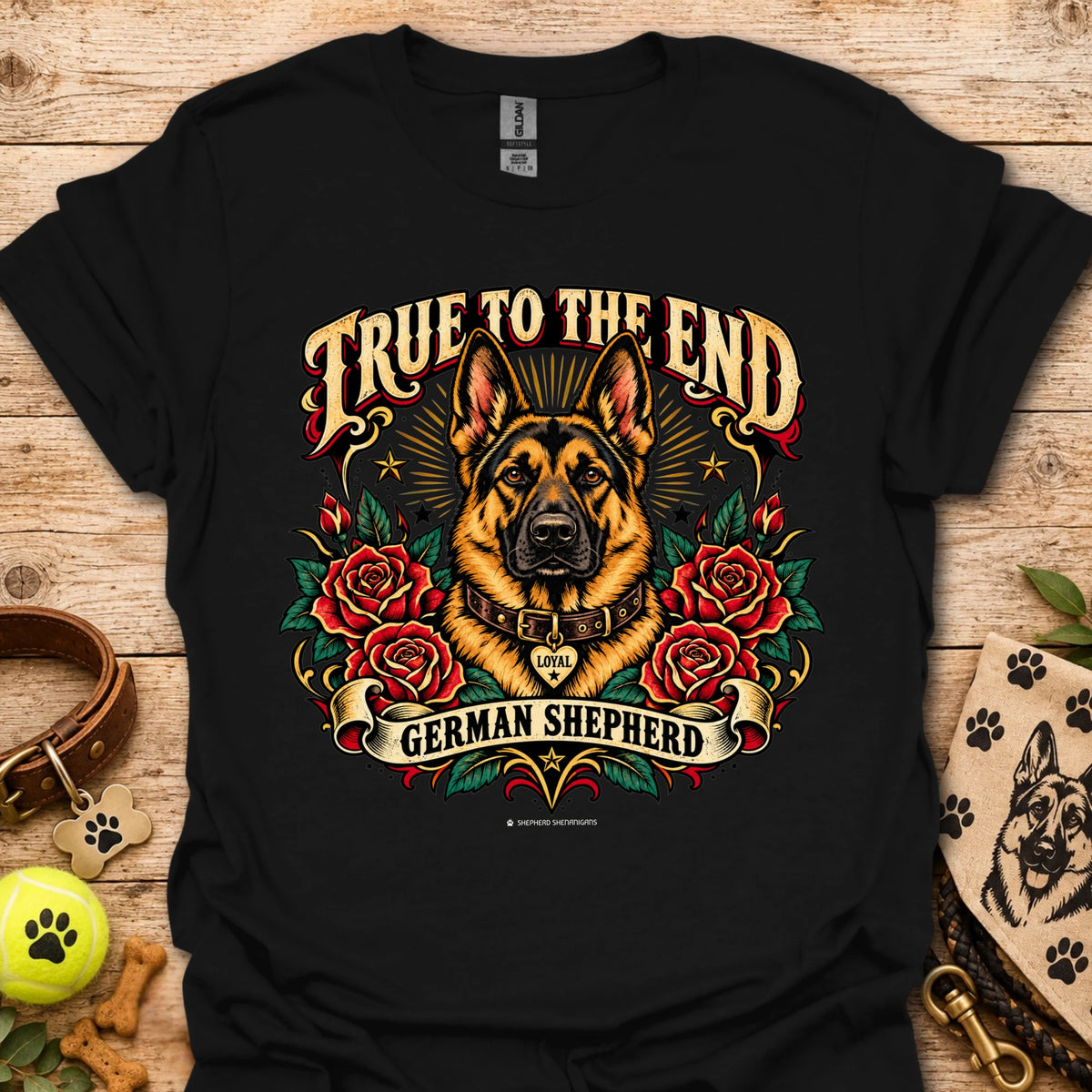 Black graphic T-shirt: German shepherd with roses and 'True To The End' front print