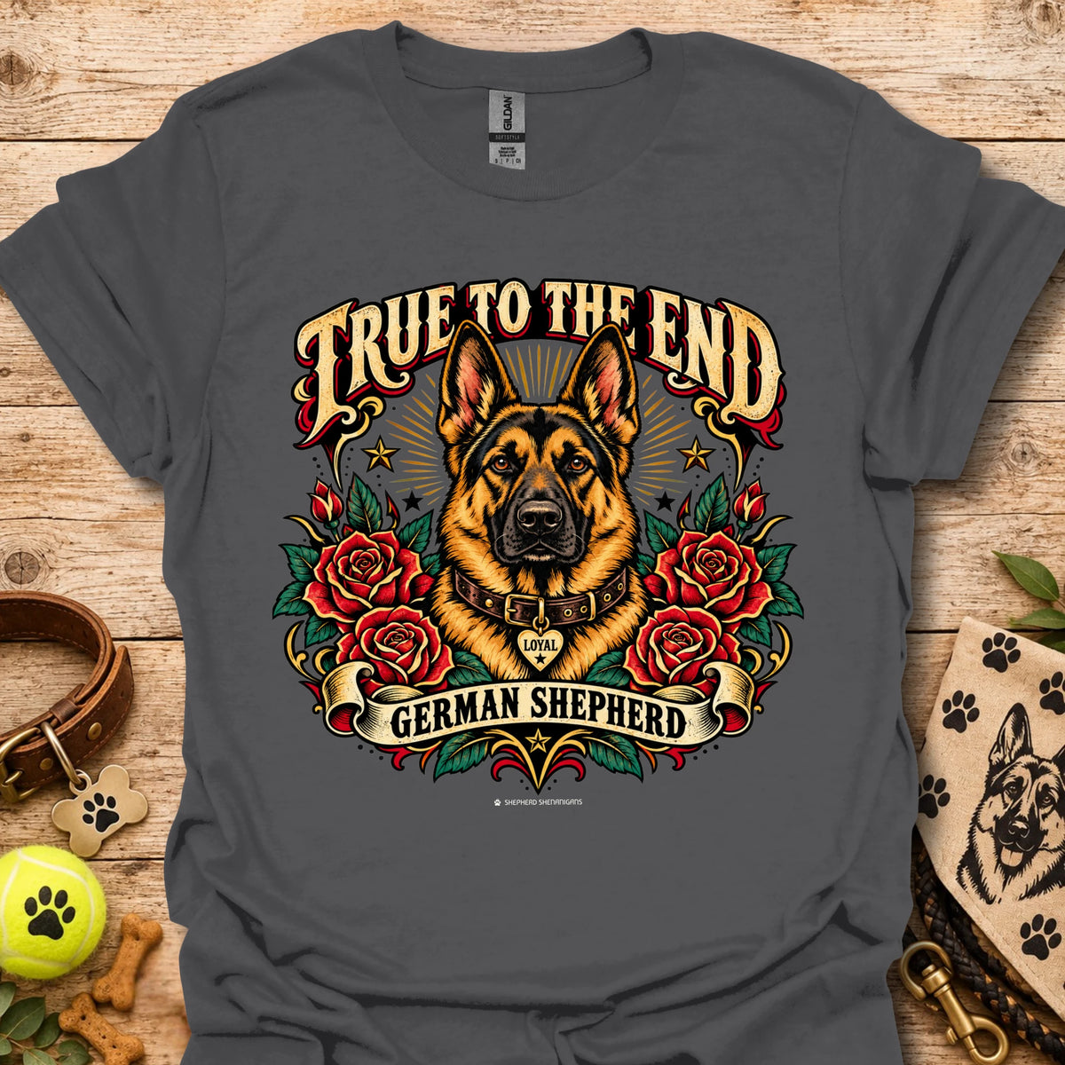 Charcoal graphic T-shirt: German shepherd with roses and 'True To The End' front print