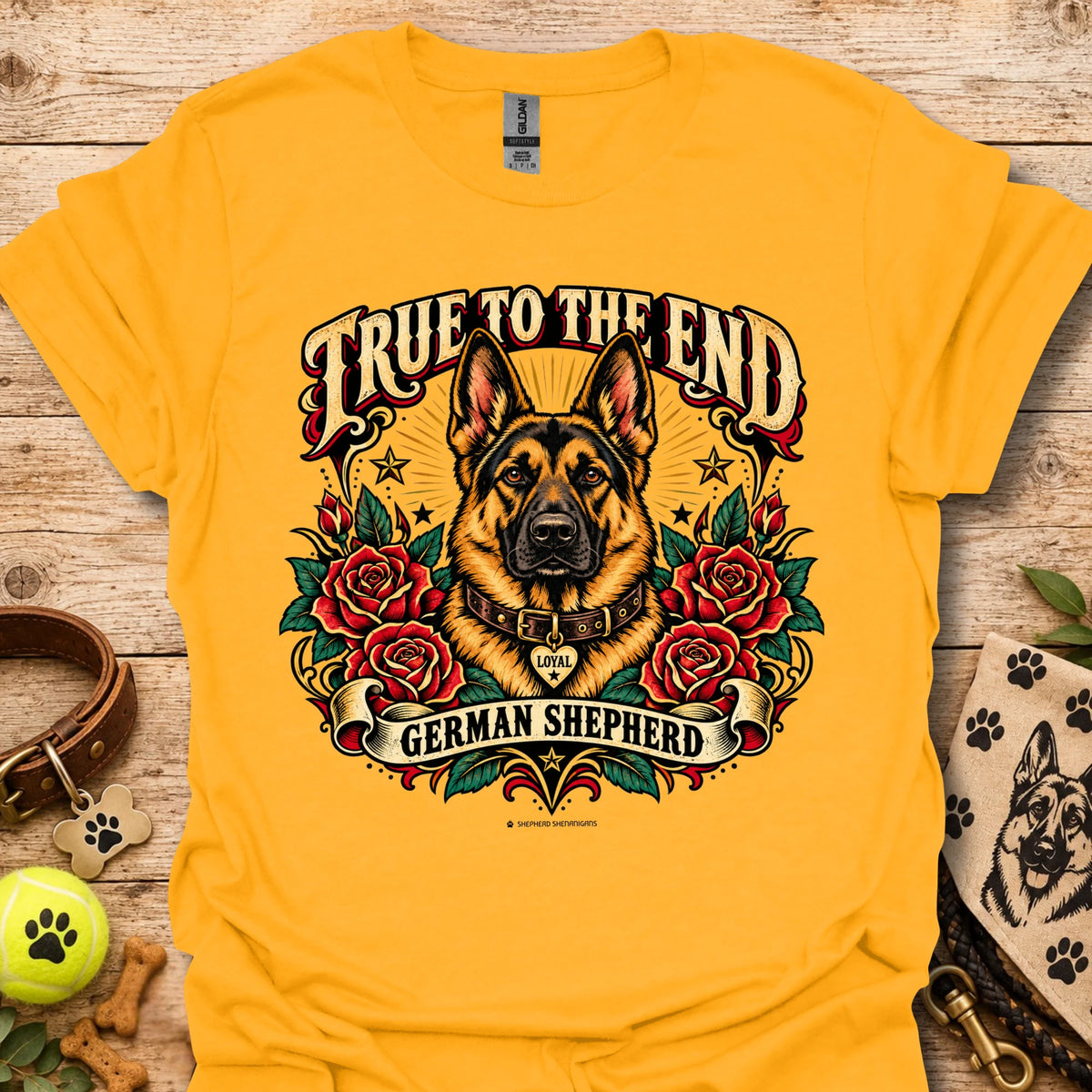 Gold graphic T-shirt: German shepherd with roses and 'True To The End' front print