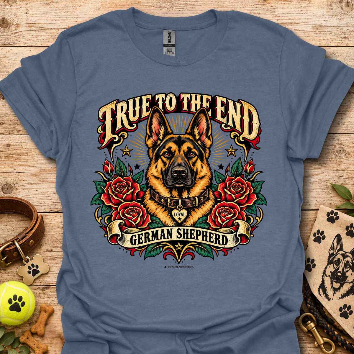 Heather indigo graphic T-shirt: German shepherd with roses and 'True To The End' front print