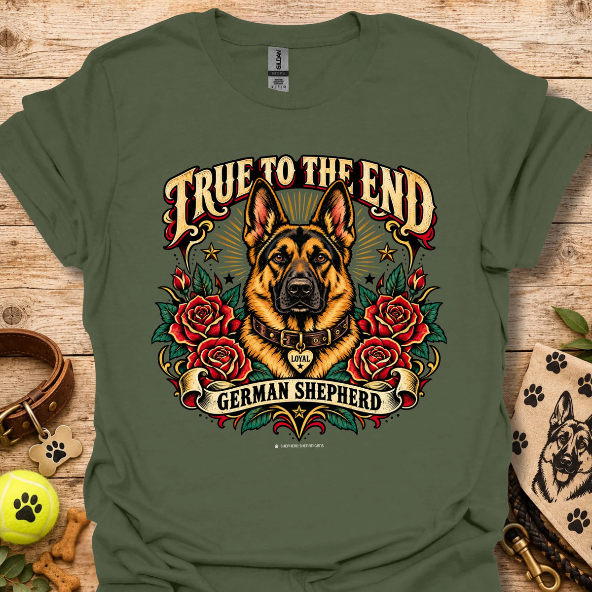 Military green graphic T-shirt: German shepherd with roses and 'True To The End' front print