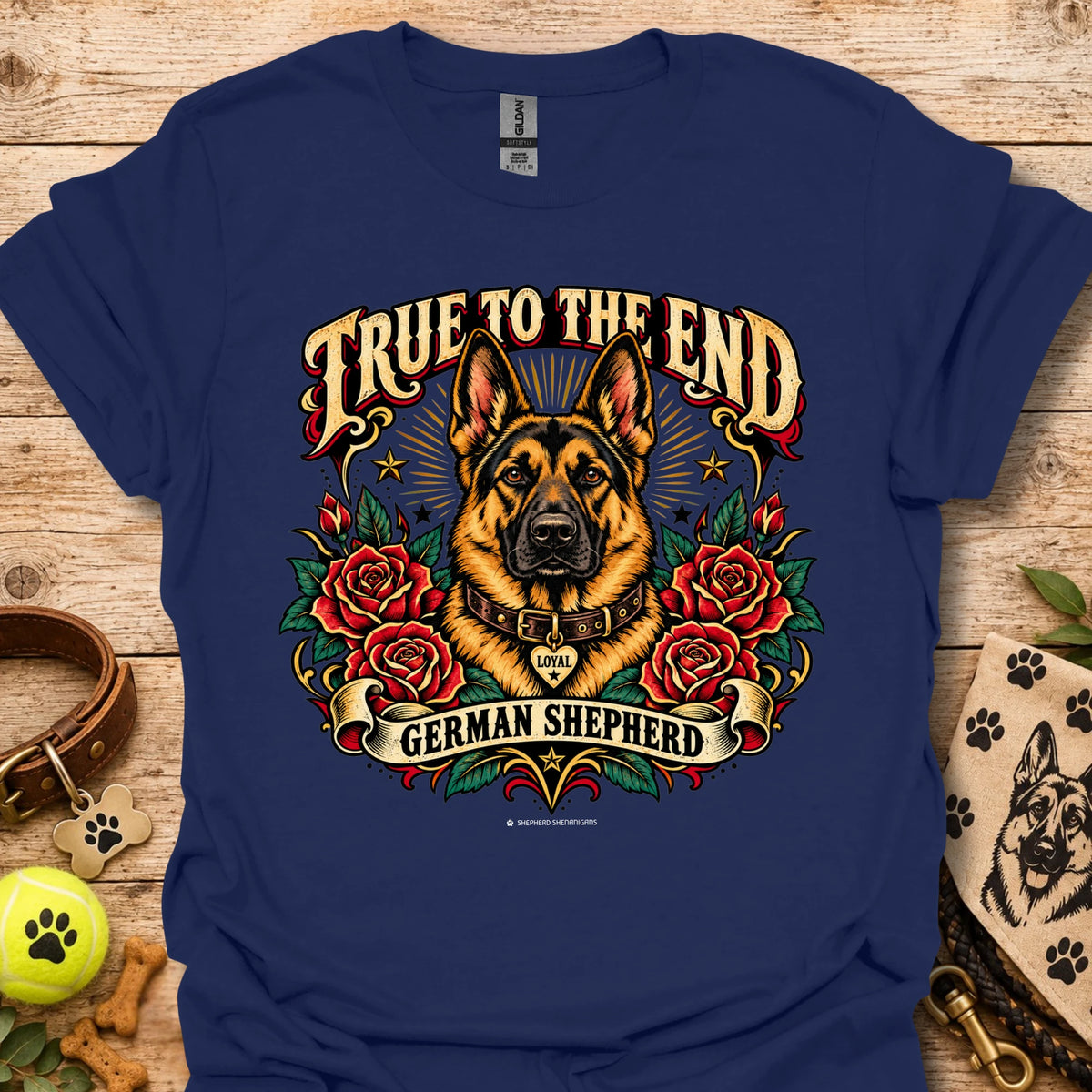 Navy graphic T-shirt: German shepherd with roses and 'True To The End' front print