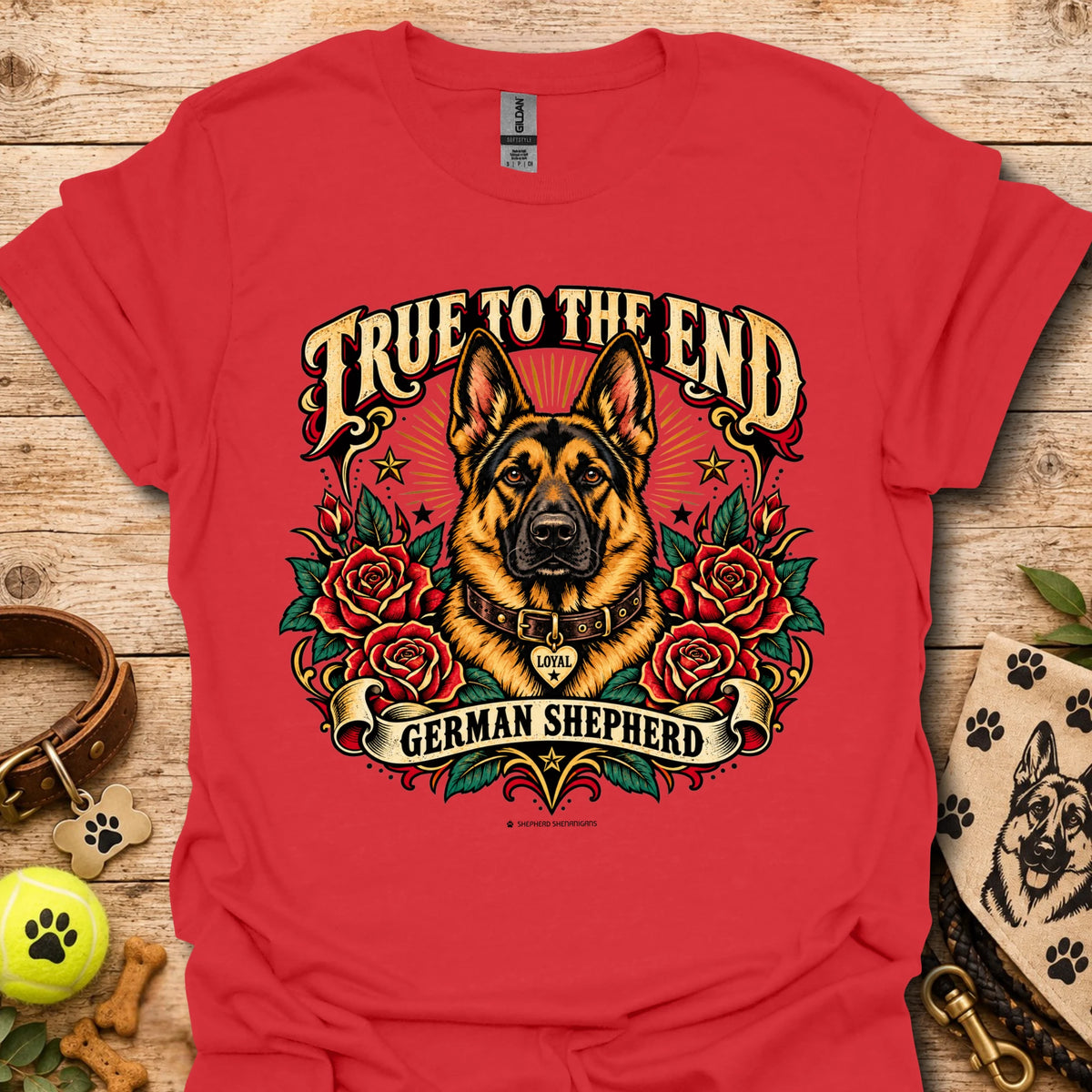 Red graphic T-shirt: German shepherd with roses and 'True To The End' front print
