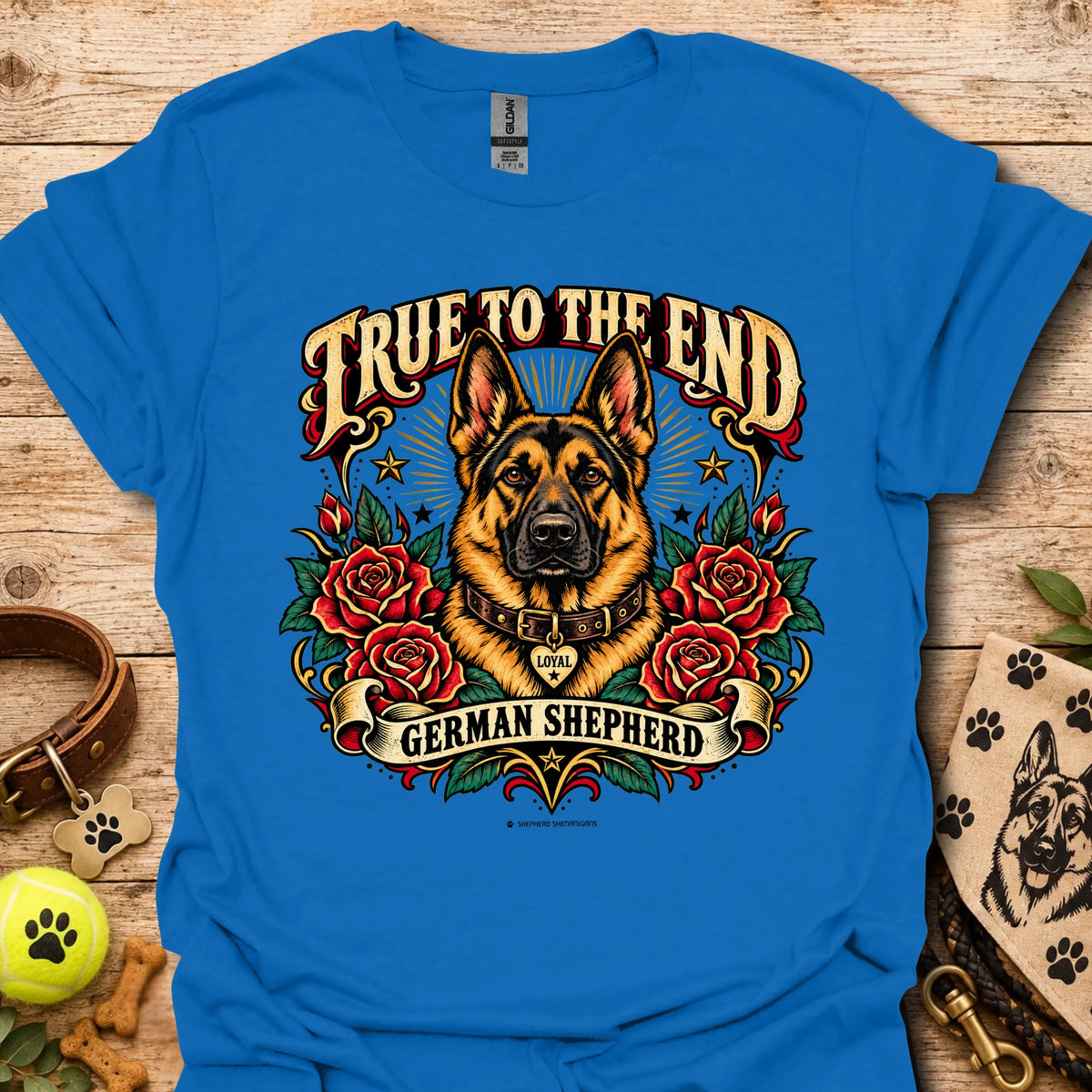 Royal blue graphic T-shirt: German shepherd with roses and 'True To The End' front print