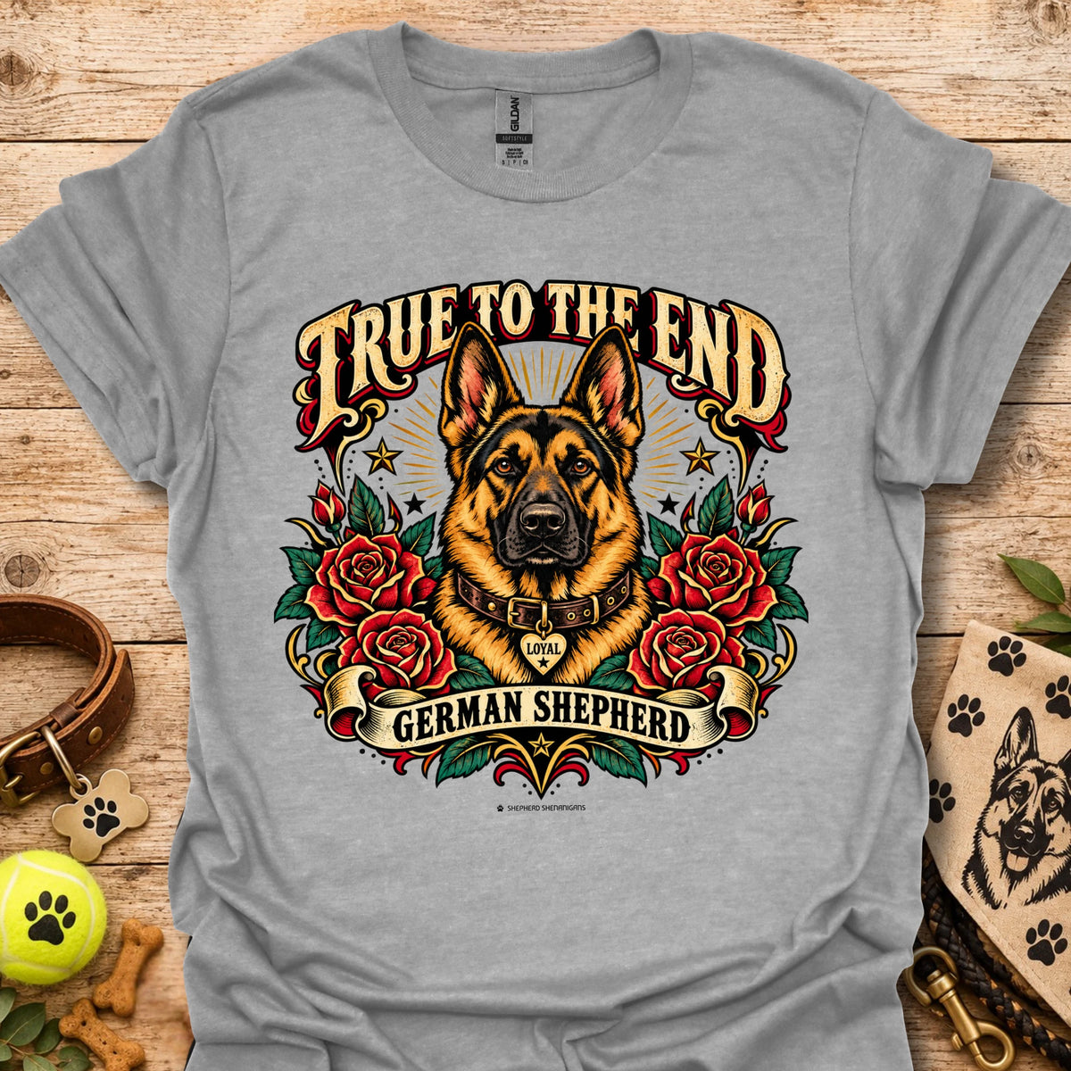 Sport grey graphic T-shirt: German shepherd with roses and 'True To The End' front print