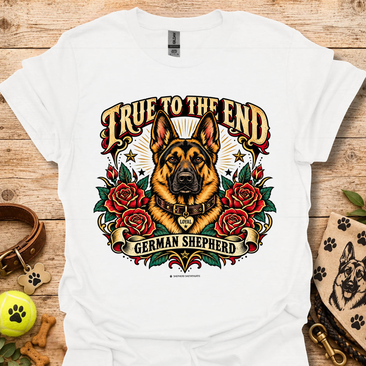 White graphic T-shirt: German shepherd with roses and 'True To The End' front print
