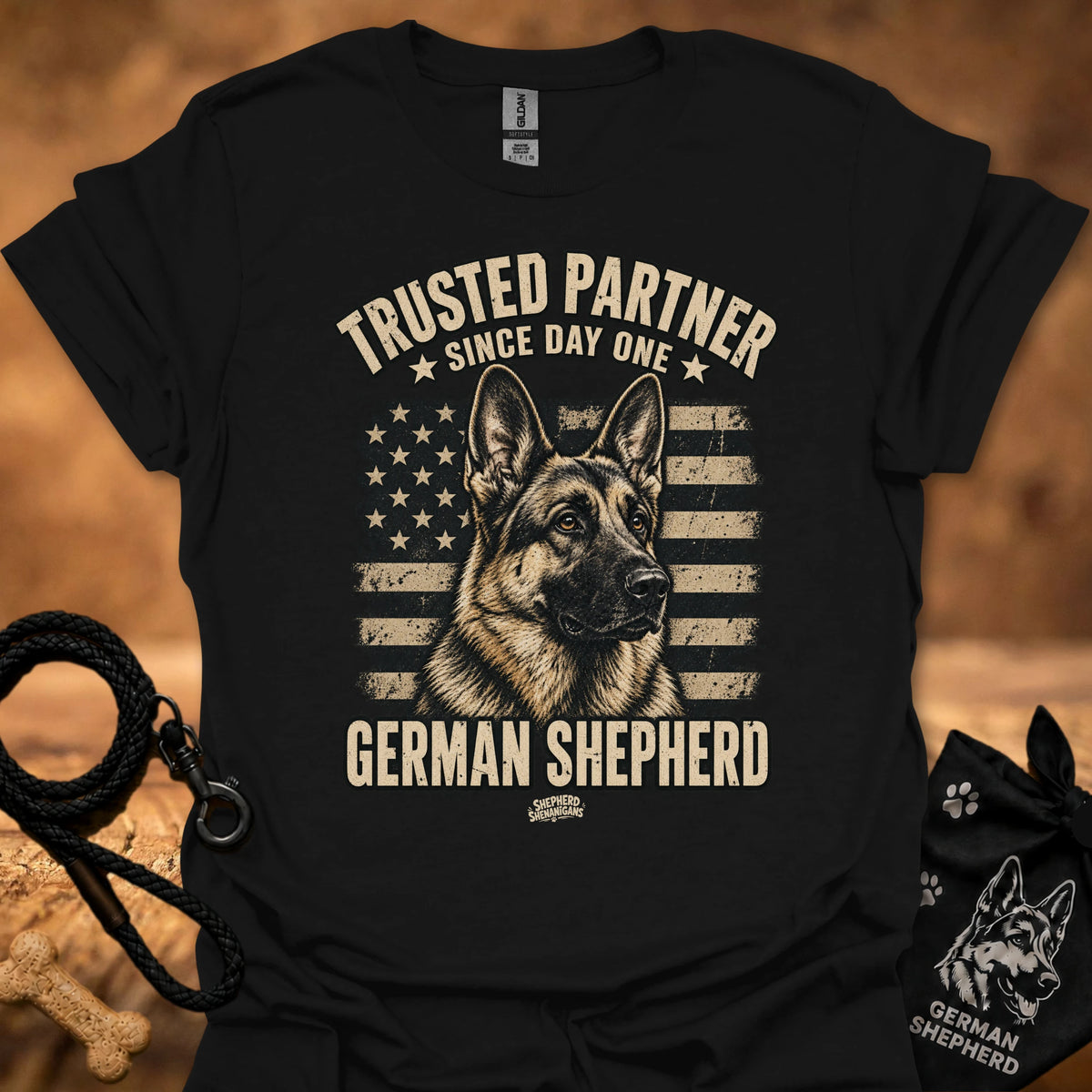 Black crewneck T-shirt with German Shepherd front graphic and stars-and-stripes print.