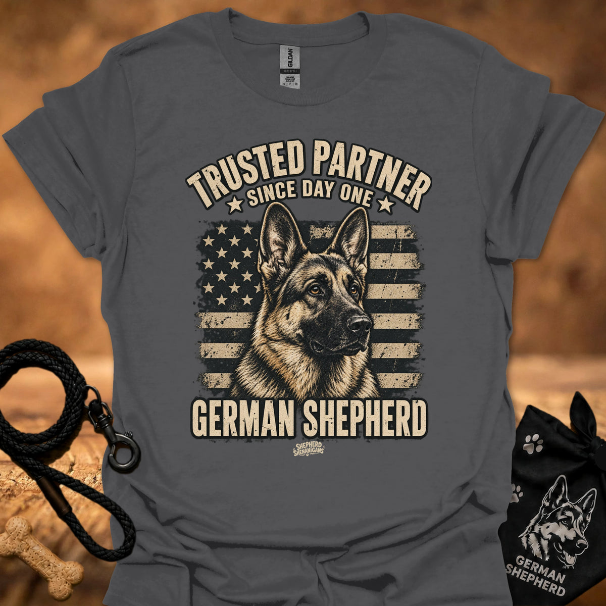 Charcoal crewneck T-shirt with German Shepherd front graphic and stars-and-stripes print.