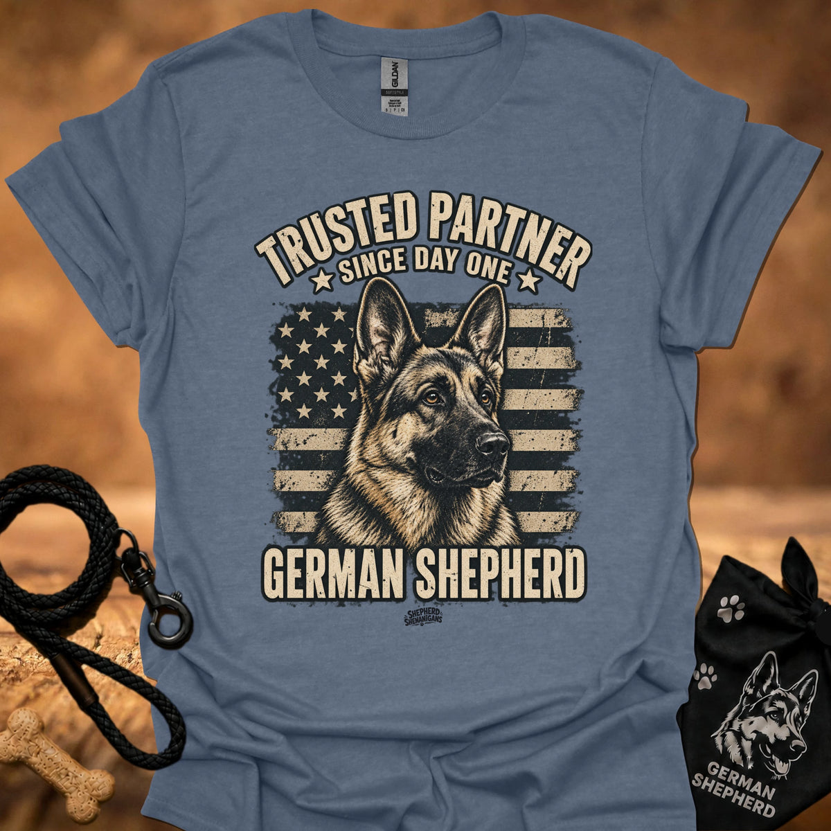 Denim blue crewneck T-shirt with German Shepherd front graphic and stars-and-stripes print.