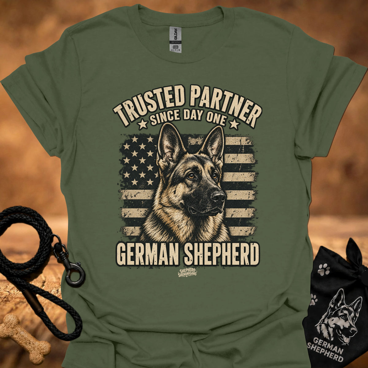Military green crewneck T-shirt with German Shepherd front graphic and stars-and-stripes print.