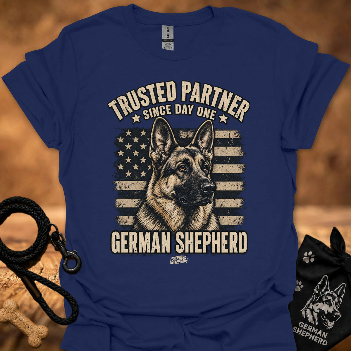 Royal blue crewneck T-shirt with German Shepherd front graphic and stars-and-stripes print.