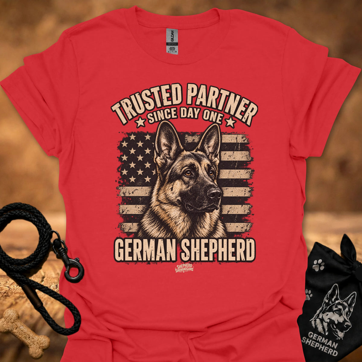Red crewneck T-shirt with German Shepherd front graphic and stars-and-stripes print.