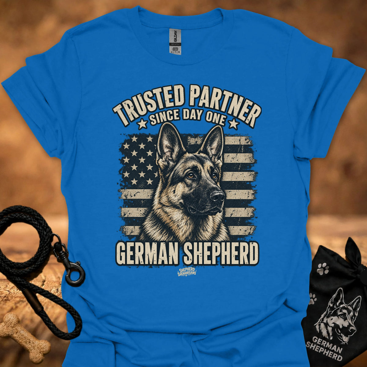 Blue crewneck T-shirt with German Shepherd front graphic and stars-and-stripes print.