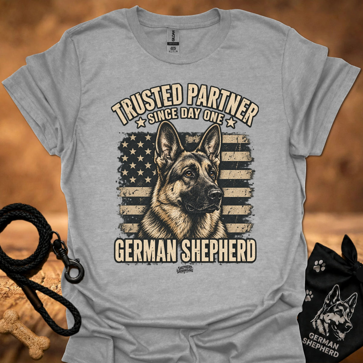 Heather gray crewneck T-shirt with German Shepherd front graphic and stars-and-stripes print.