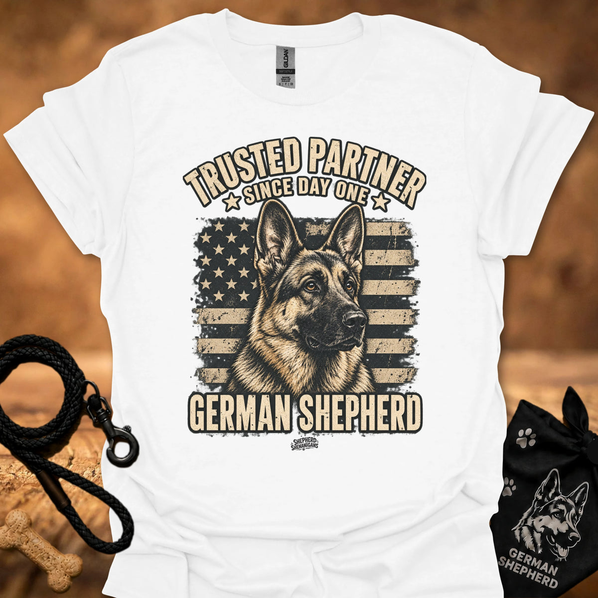 White crewneck T-shirt with German Shepherd front graphic and stars-and-stripes print.