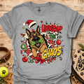 Sport grey graphic dog t-shirt with "Unwrap the Chaos" text and Santa hat