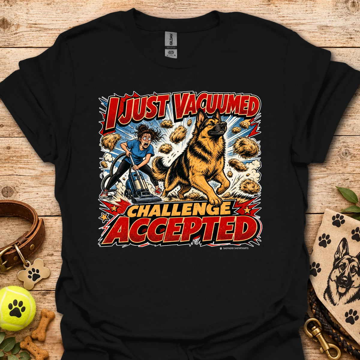 Black vacuum-themed graphic t-shirt with “I just vacuumed challenge accepted” print