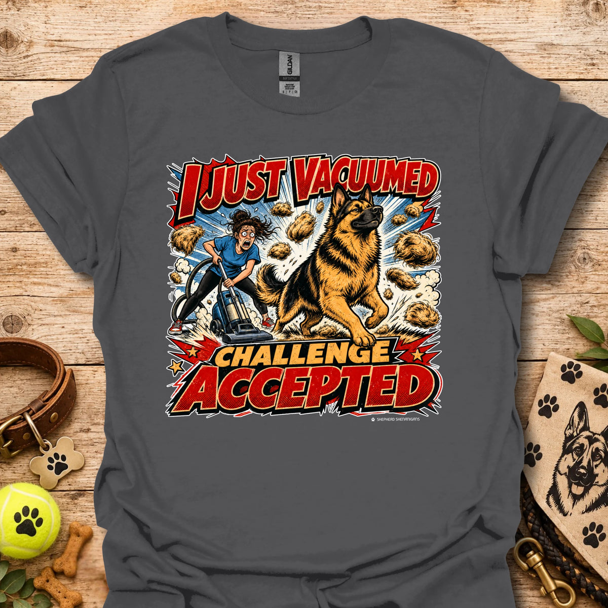 Charcoal vacuum-themed graphic t-shirt with “I just vacuumed challenge accepted” print
