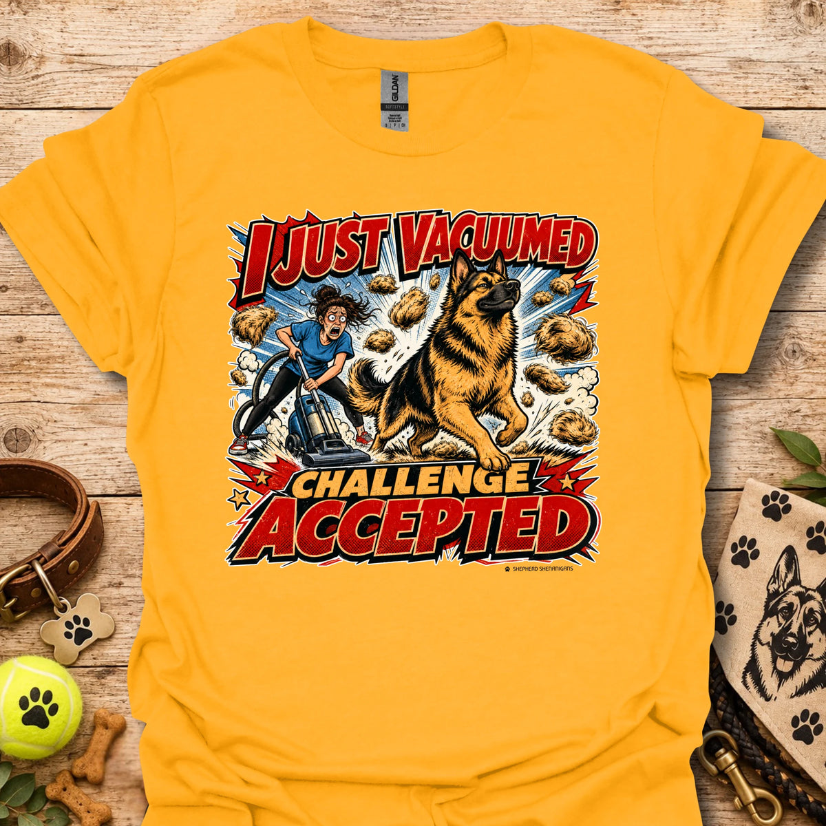Gold vacuum-themed graphic t-shirt with “I just vacuumed challenge accepted” print