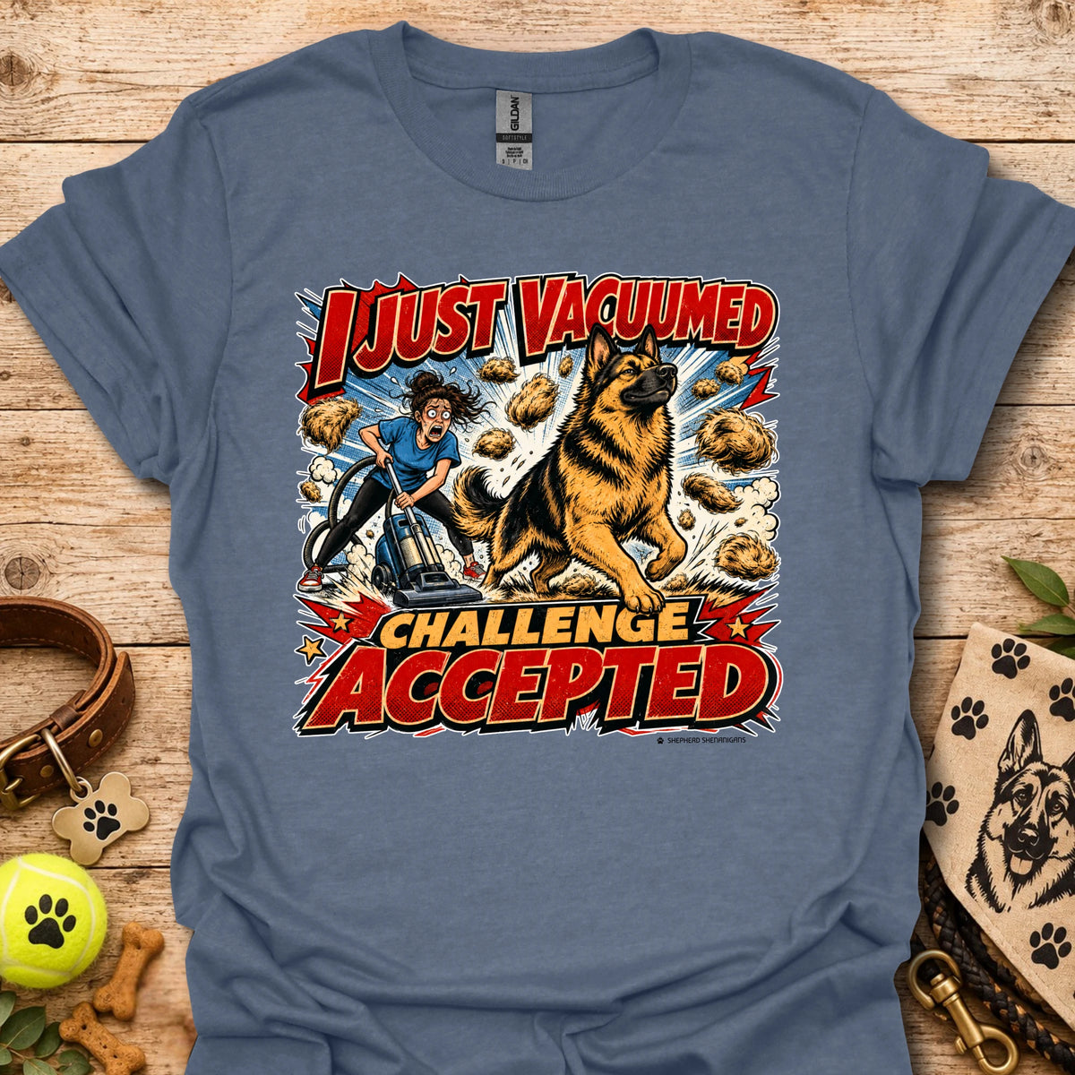Heather indigo vacuum-themed graphic t-shirt with “I just vacuumed challenge accepted” print