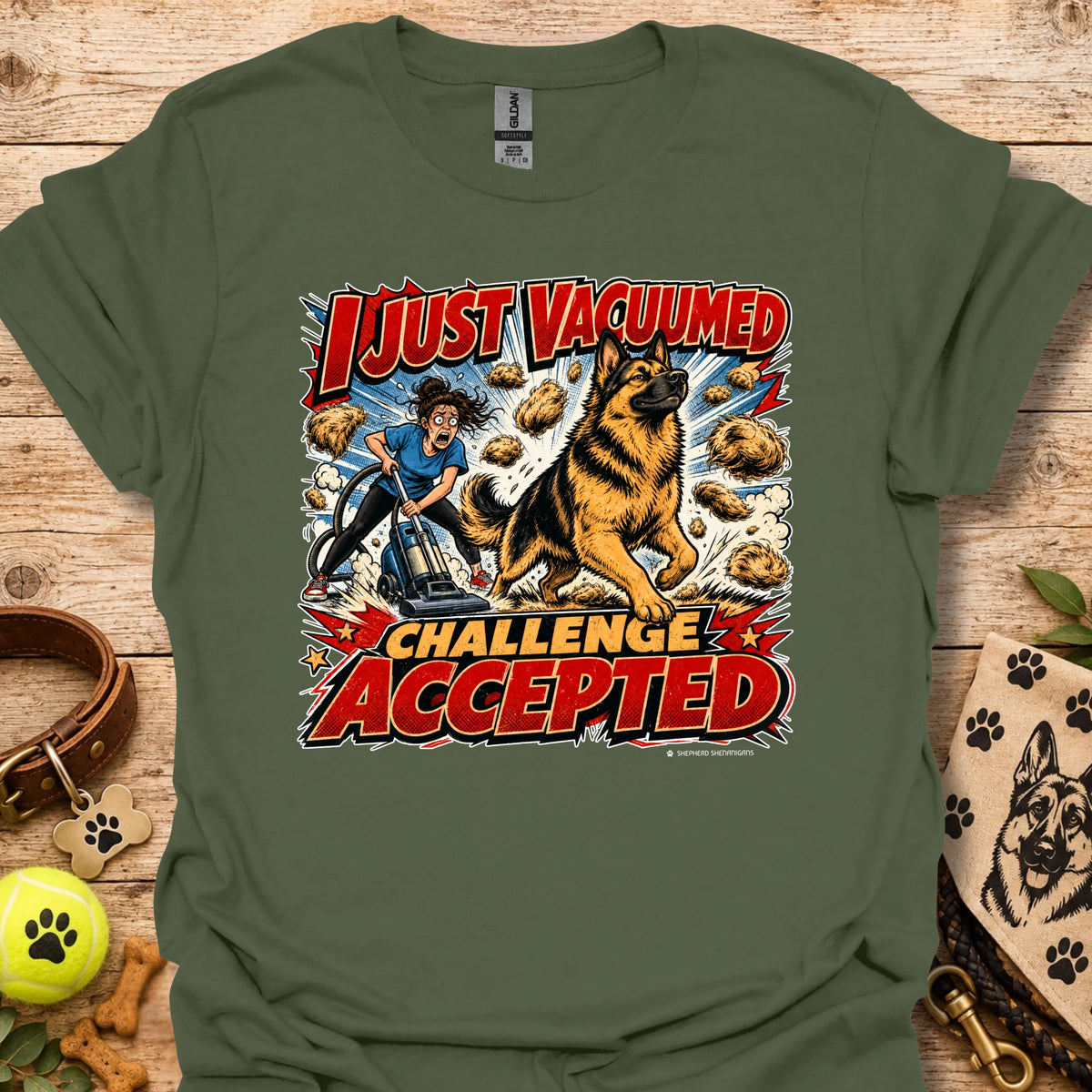 Military green vacuum-themed graphic t-shirt with “I just vacuumed challenge accepted” print