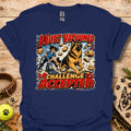 Navy vacuum-themed graphic t-shirt with “I just vacuumed challenge accepted” print