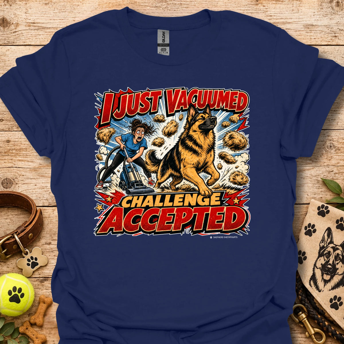 Navy vacuum-themed graphic t-shirt with “I just vacuumed challenge accepted” print