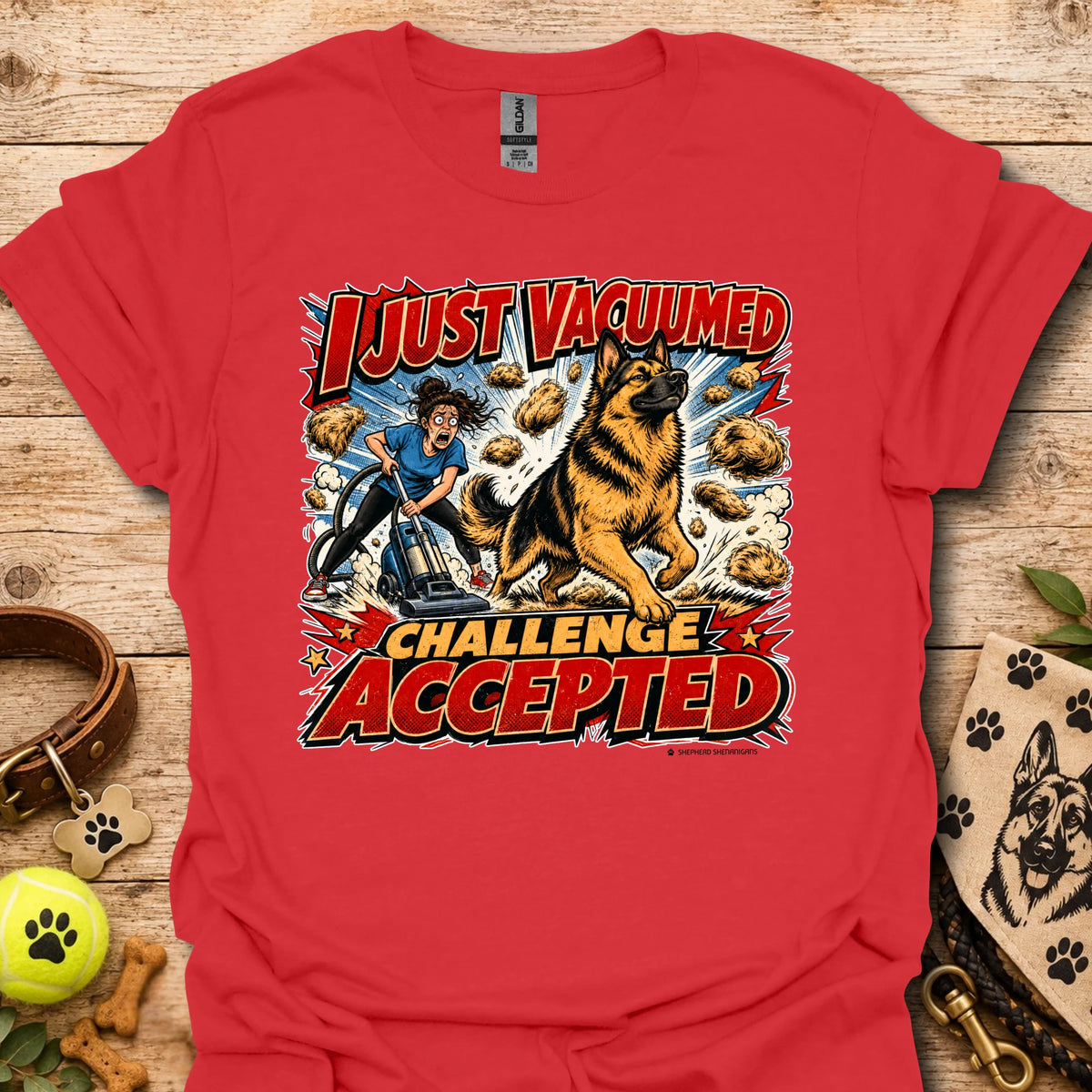 Red vacuum-themed graphic t-shirt with “I just vacuumed challenge accepted” print