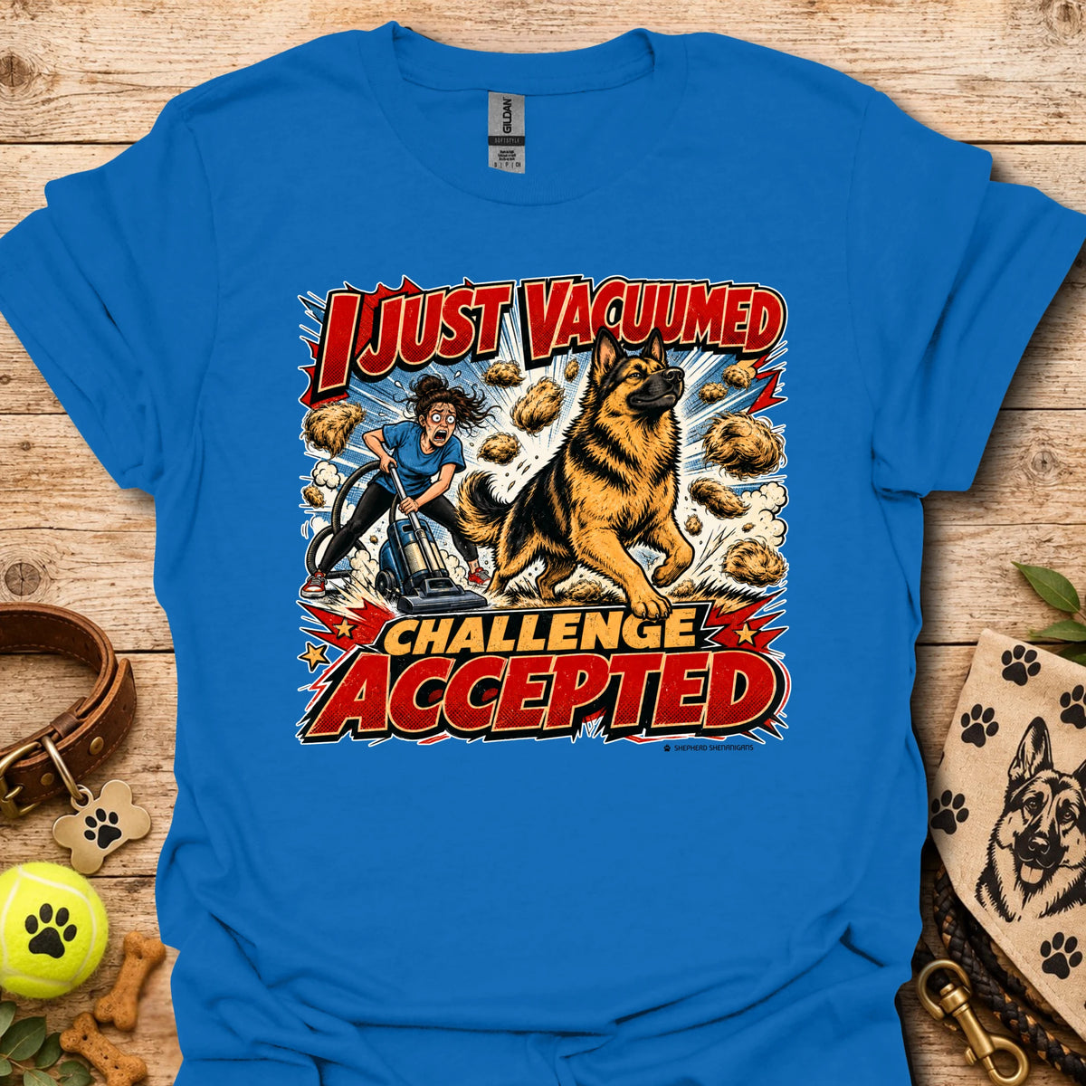 Royal blue vacuum-themed graphic t-shirt with “I just vacuumed challenge accepted” print