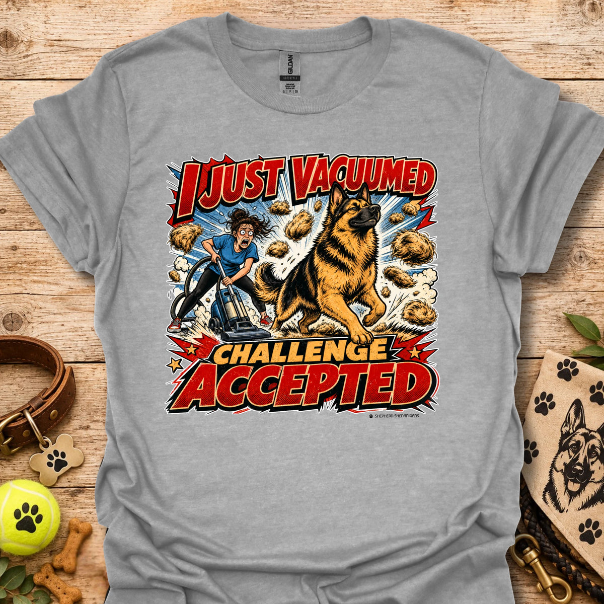 Sport grey vacuum-themed graphic t-shirt with “I just vacuumed challenge accepted” print
